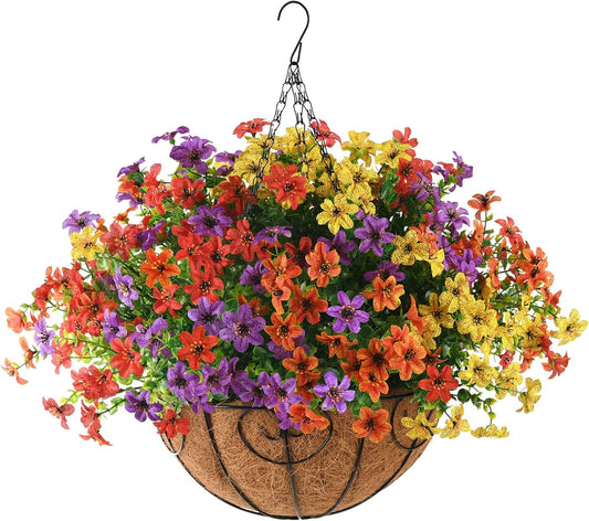 Artificial Flowers Hanging Baskets, Multicolor 12 Bundles Faux Flower Outdoor Hanging Basket Spring Summer Decoration, Fake Flowers Plants for Porch Patio Balcony Home Yard Decor (Purple)